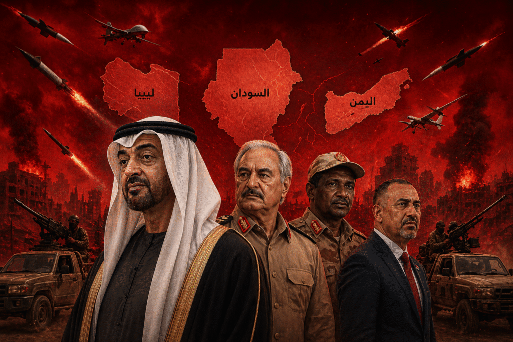 مشهد تحليلي يعكس نفوذ الإمارات في الحروب بالوكالة في ليبيا والسودان واليمن مع عناصر عسكرية وصواريخ وطائرات مسيّرة (UAE proxy wars influence)