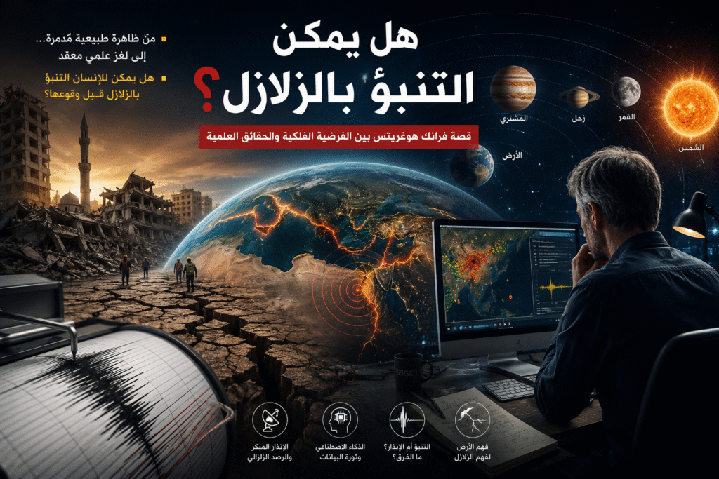 تصميم توضيحي يعرض فرضية فرانك هوغربيتس حول التنبؤ بالزلازل مع الأرض والكواكب ورصد النشاط الزلزالي والذكاء الاصطناعي.