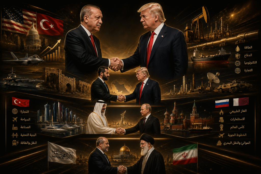 تصميم رمزي يجسد لقاءات ومصافحات بين دونالد ترامب ورجب طيب أردوغان وأحمد الشرع، وبين فلاديمير بوتين وأمير قطر، وبين المرشد الإيراني وخليل الحية، في إشارة إلى تشابك المصالح والتحالفات الإقليمية والدولية.