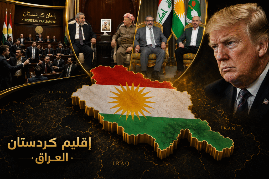 خريطة ثلاثية الأبعاد لإقليم كردستان العراق مع الرئيس الأمريكي ومبنى برلمان كردستان ولقاء قادة الأحزاب الكردية في تحقيق خاص عن أزمة تشكيل حكومة الإقليم.
