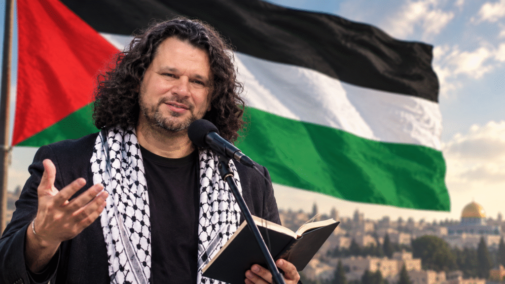 تميم البرغوثي يلقي قصيدة وخلفه العلم الفلسطيني