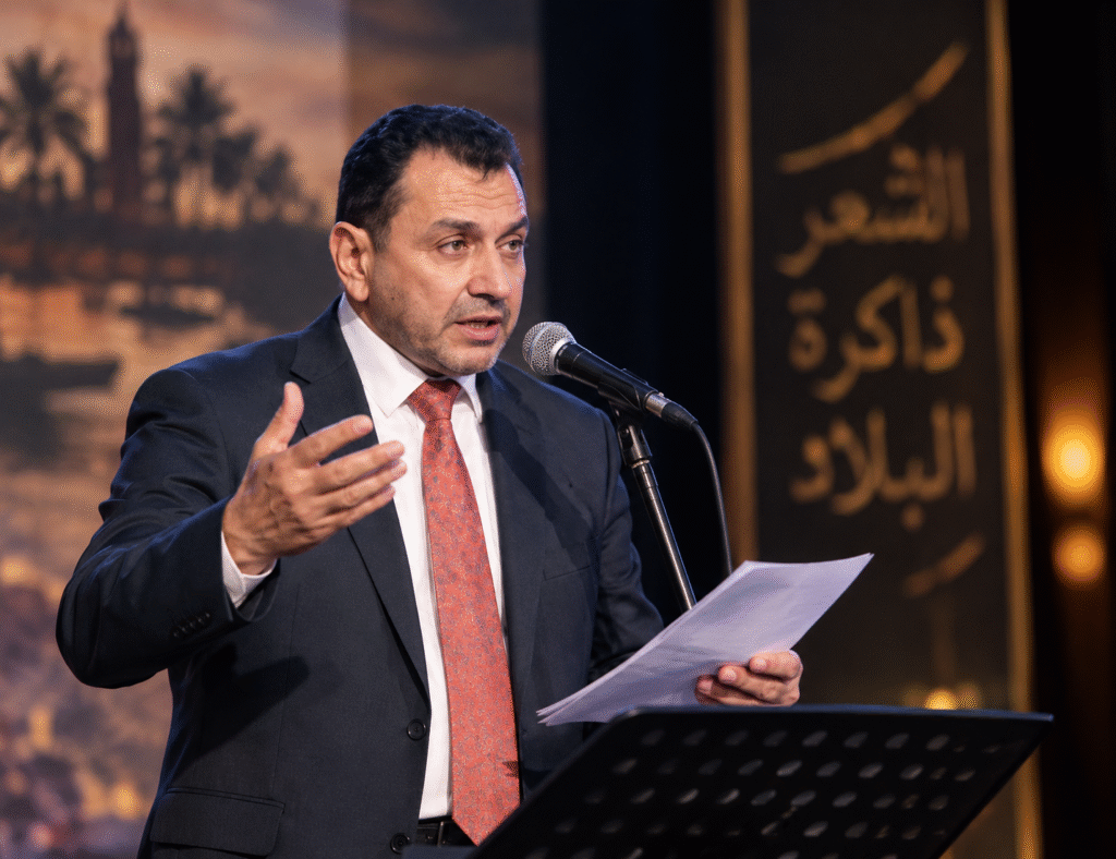 الشاعر العراقي خالد اليساري يلقي قصيدة أمام الجمهور