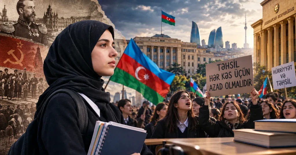 طالبة أذربيجانية ترتدي الحجاب وتحمل كتبًا دراسية، وخلفها احتجاجات طلابية في باكو للمطالبة بحرية التعليم.