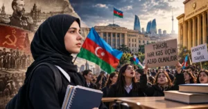 طالبة أذربيجانية ترتدي الحجاب وتحمل كتبًا دراسية، وخلفها احتجاجات طلابية في باكو للمطالبة بحرية التعليم.