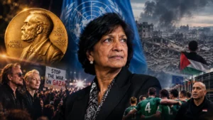 تصميم تحريري لنافي بيلاي مع ميدالية نوبل وشعار الأمم المتحدة ومشهد الدمار في غزة ومظاهرات التضامن مع الفلسطينيين
