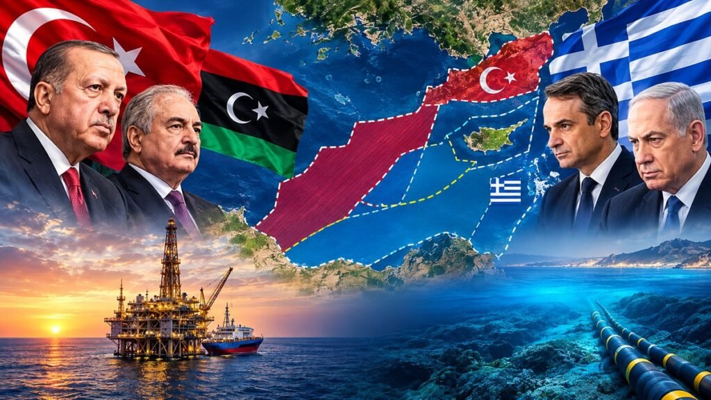 خريطة شرق البحر المتوسط توضح التنافس البحري بين تركيا وليبيا واليونان ومشروعات الطاقة والكابلات البحرية