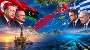 خريطة شرق البحر المتوسط توضح التنافس البحري بين تركيا وليبيا واليونان ومشروعات الطاقة والكابلات البحرية