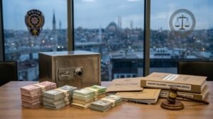 تحقيقات الفساد والجرائم المالية في إسطنبول، مبالغ مالية بالدولار واليورو وخزينة فولاذية مع مطرقة العدالة وملفات قضائية.